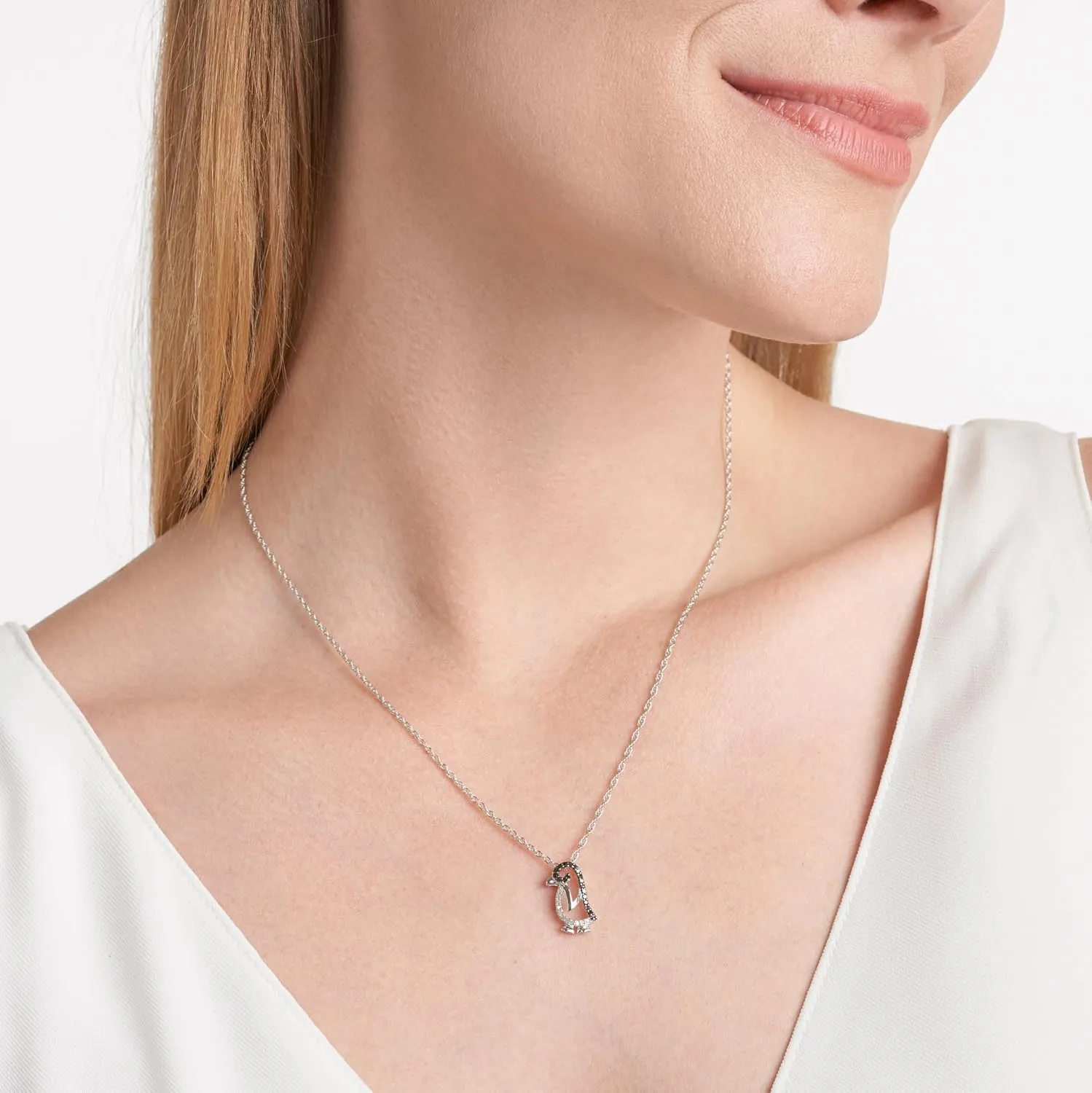 MORGAN & PAIGE .925 Sterling Silver Rhodium Plated Black and White Diamond Turtle, Whale, Penguin or Spider Pendant Necklace, Nature Animal-Inspired Designs Sterling Silver Necklaces for Women 18 in