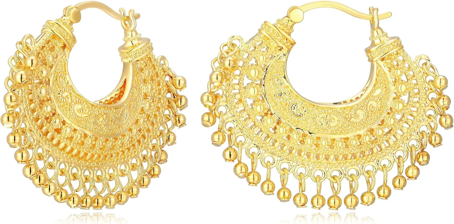 MORGAN & PAIGE Bronze 18K Yellow Gold Hoops Plated Indian Gold Earrings for Women - Chandbali Hoop Earrings Indian Jewelry, Exquisite Chandelier Boho Hypoallergenic Gift for Her