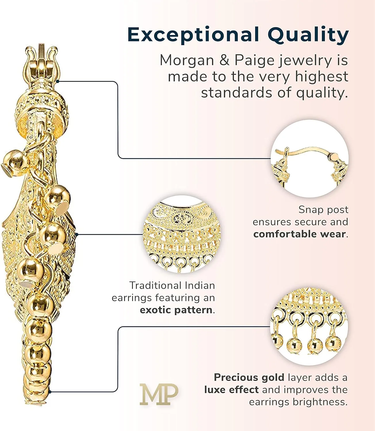 MORGAN & PAIGE Bronze 18K Yellow Gold Hoops Plated Indian Gold Earrings for Women - Chandbali Hoop Earrings Indian Jewelry, Exquisite Chandelier Boho Hypoallergenic Gift for Her