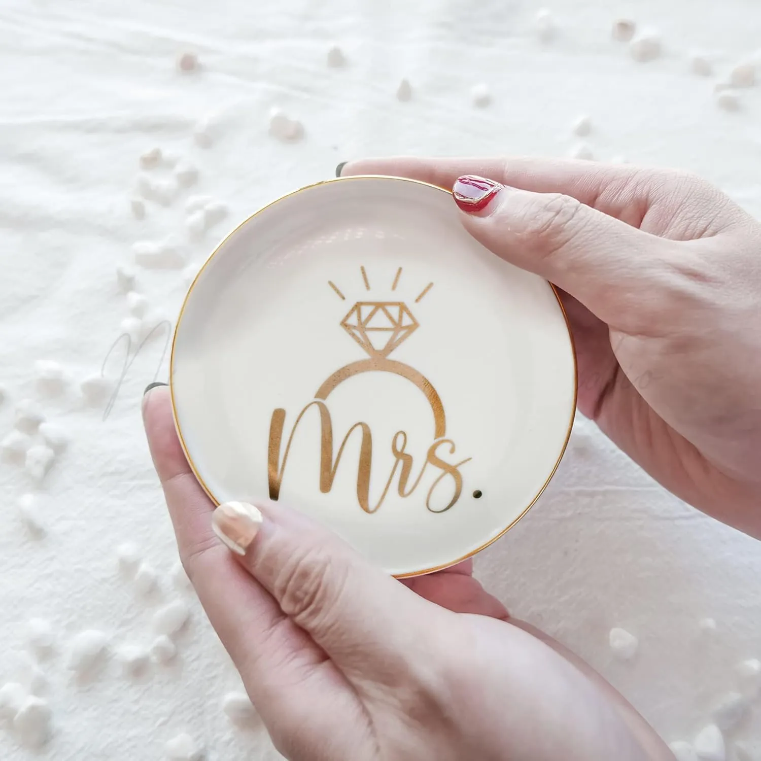 Mrs Ceramic Jewelry Trinket Dish Tray, Decorative Trinket Tray Holder for Ring Necklace Earring Key Gift for Women her Engagement Wedding Motherday Day Gift