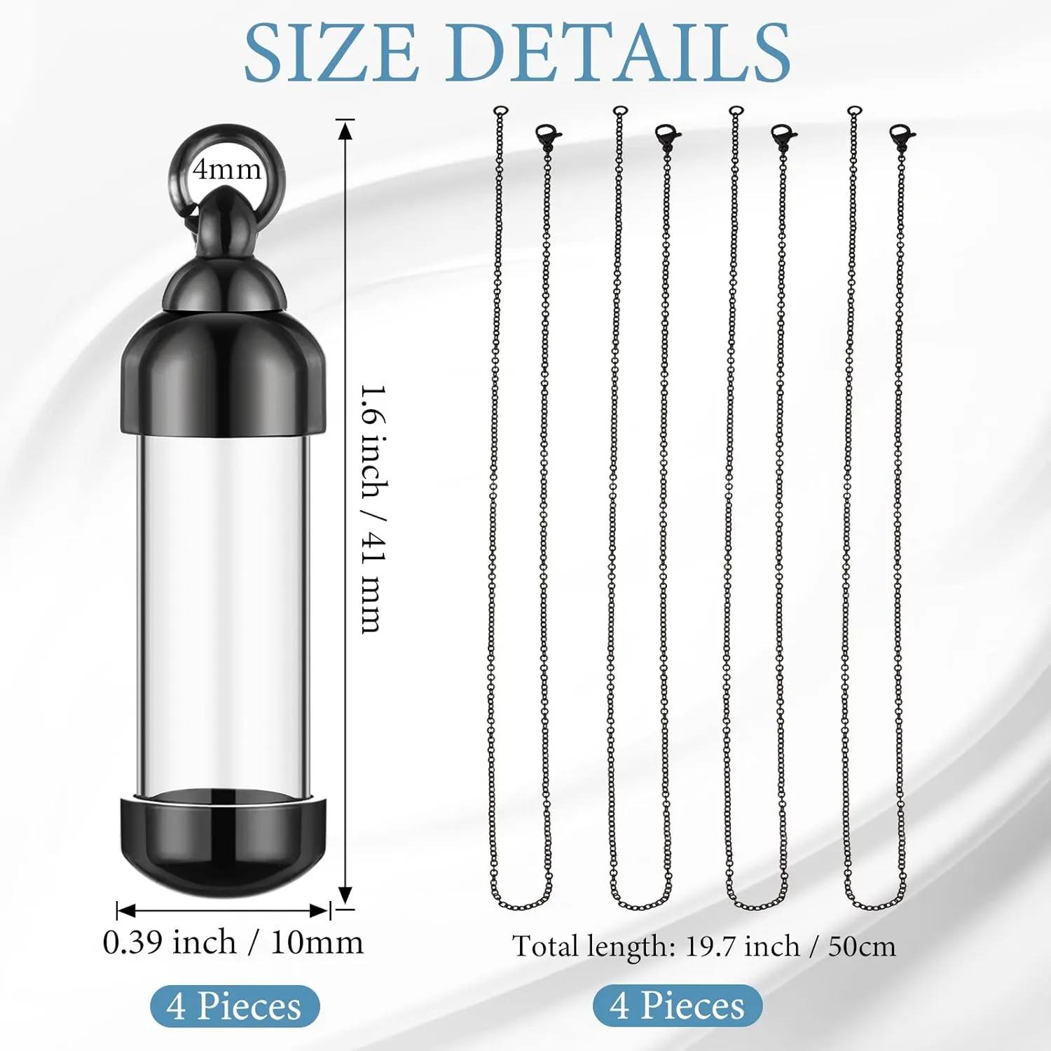 MTLEE 4 Glass Vial Necklace Pendant Set Include 4 Stainless Steel Cremation Urn Blood Pendant Put Ashes in Vial Tube Urn Keepsake Memory with Chain 4 Snake Chain Necklace