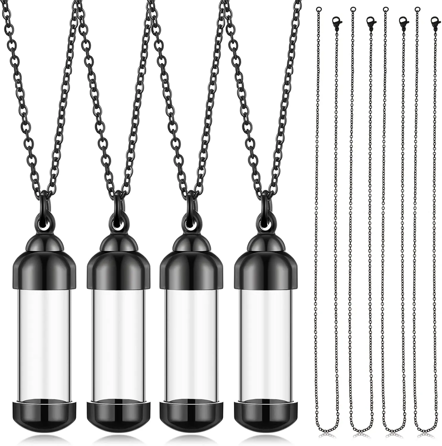 MTLEE 4 Glass Vial Necklace Pendant Set Include 4 Stainless Steel Cremation Urn Blood Pendant Put Ashes in Vial Tube Urn Keepsake Memory with Chain 4 Snake Chain Necklace
