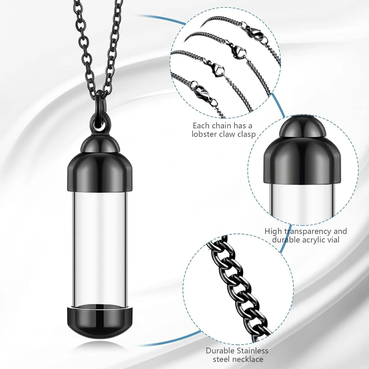 MTLEE 4 Glass Vial Necklace Pendant Set Include 4 Stainless Steel Cremation Urn Blood Pendant Put Ashes in Vial Tube Urn Keepsake Memory with Chain 4 Snake Chain Necklace