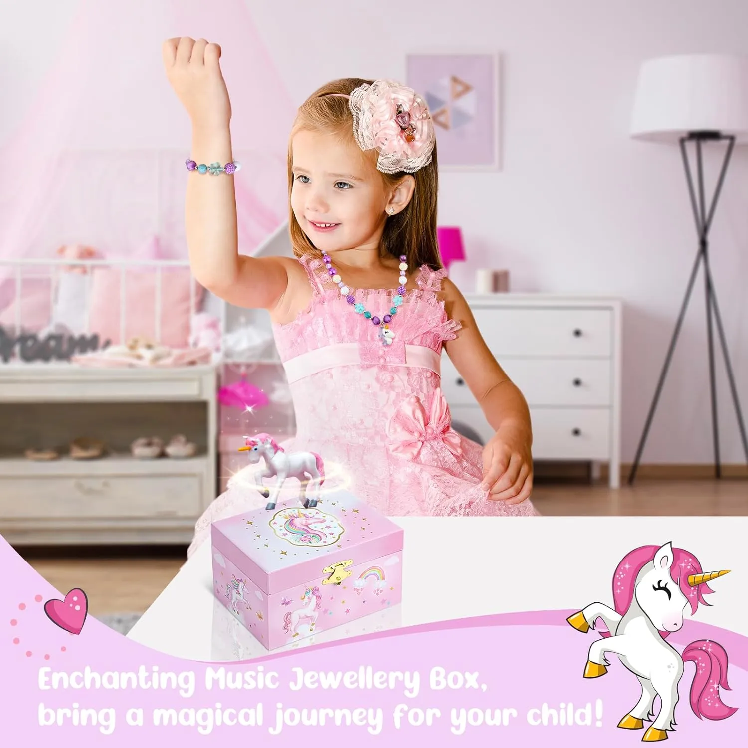 Musical Jewellery Box for Girls with Unicorn Jewelry Set, Kids Jewellery Box Music Box with Spinning Ballerina Birthday Gifts for Girls, ageover 3 years old