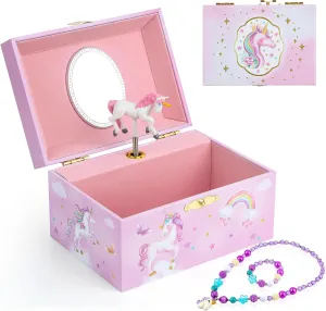 Musical Jewellery Box for Girls with Unicorn Jewelry Set, Kids Jewellery Box Music Box with Spinning Ballerina Birthday Gifts for Girls, ageover 3 years old