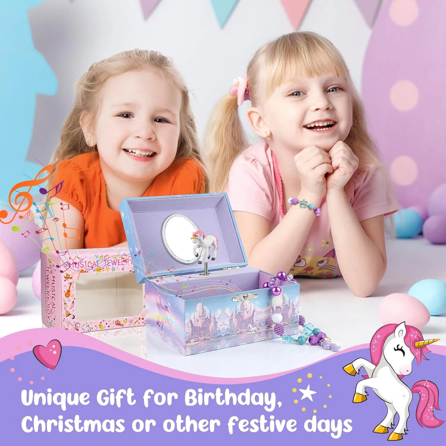Musical Jewellery Box for Girls with Unicorn Jewelry Set, Kids Jewellery Box Music Box with Spinning Ballerina Birthday Gifts for Girls, ageover 3 years old