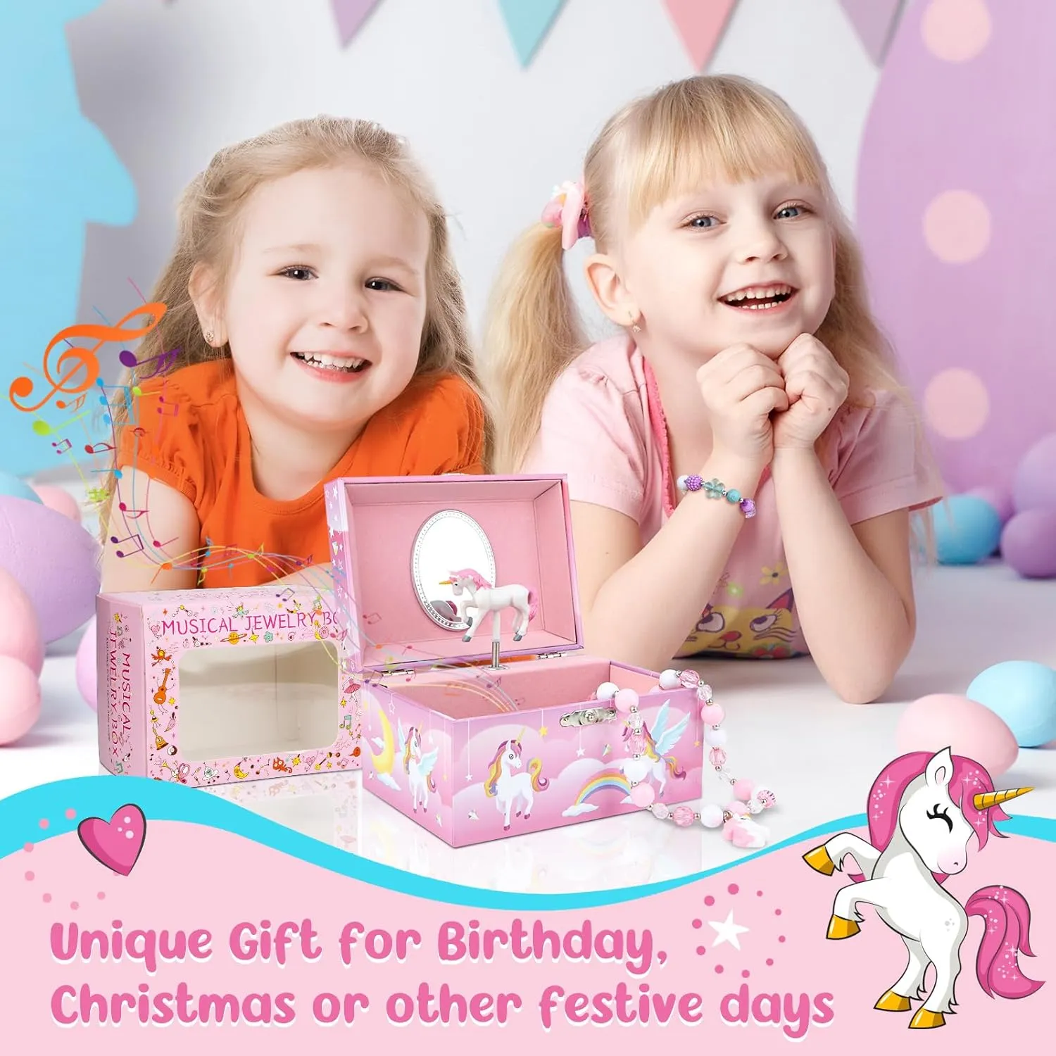 Musical Jewelry Box for Girls with Unicorn Jewelry Set, Kids Jewelry Box Music Box with Rainbow Pony Birthday Gifts for Girls, Over the Rainbow Tune