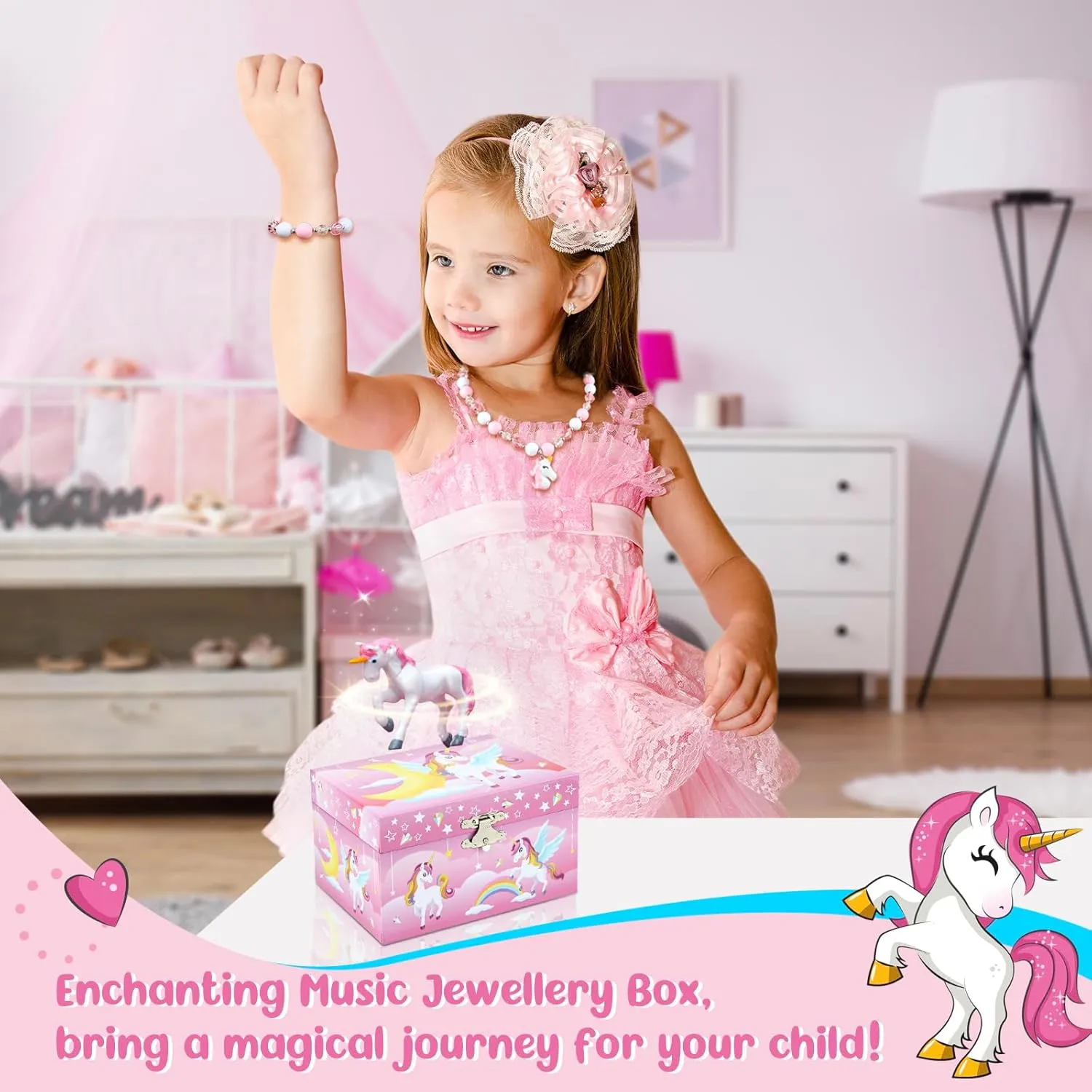 Musical Jewelry Box for Girls with Unicorn Jewelry Set, Kids Jewelry Box Music Box with Rainbow Pony Birthday Gifts for Girls, Over the Rainbow Tune
