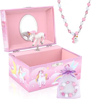 Musical Jewelry Box for Girls with Unicorn Jewelry Set, Kids Jewelry Box Music Box with Rainbow Pony Birthday Gifts for Girls, Over the Rainbow Tune