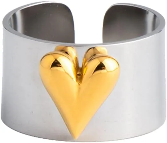 MYANAIL 18K Gold-Plated or Silver Open Rings for Women Mam Unisex Jewelry Chunky Heart-Shaped Wide Band Rings Stainless Steel Gold/Silver Two-Tone Ring Size 7 Thick 12MM Couple Statement Rings