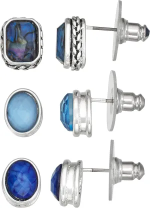 Napier Blue And Multicolored Stone Stud Earring Trio, Silver Tone