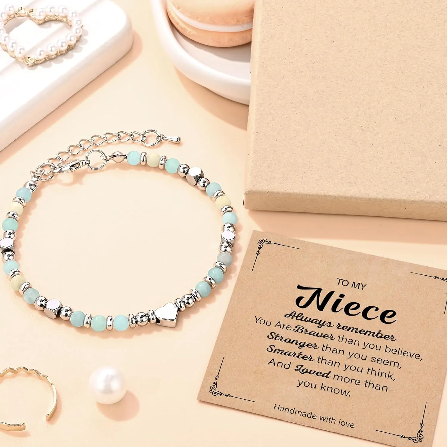 NatuBeau Gifts for Teen Girls, Moonstone Beaded Bracelets with Gift Card, Inspirational Christmas Birthday Graduation Galentines Day Gifts for Daughter Granddaughter Niece Sister Bestie