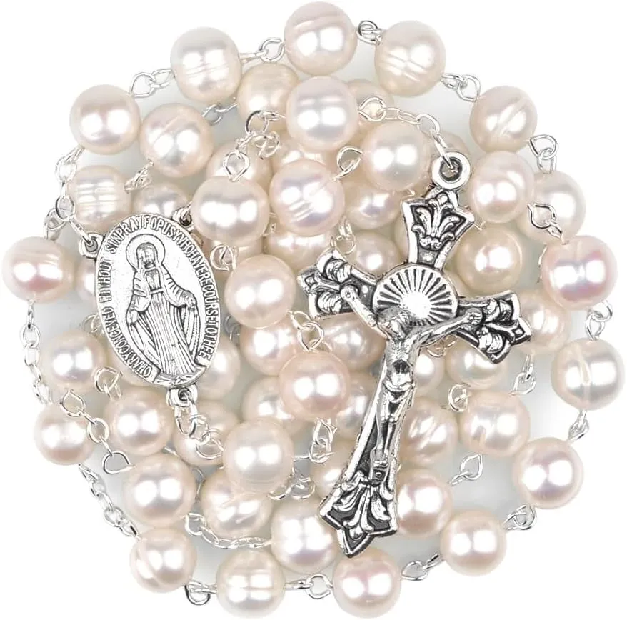 Natural Freshwater Pearl 8mm Beads Catholic Virgin Mary Rosaries Women Chain Rosary Necklaces & Pendants
