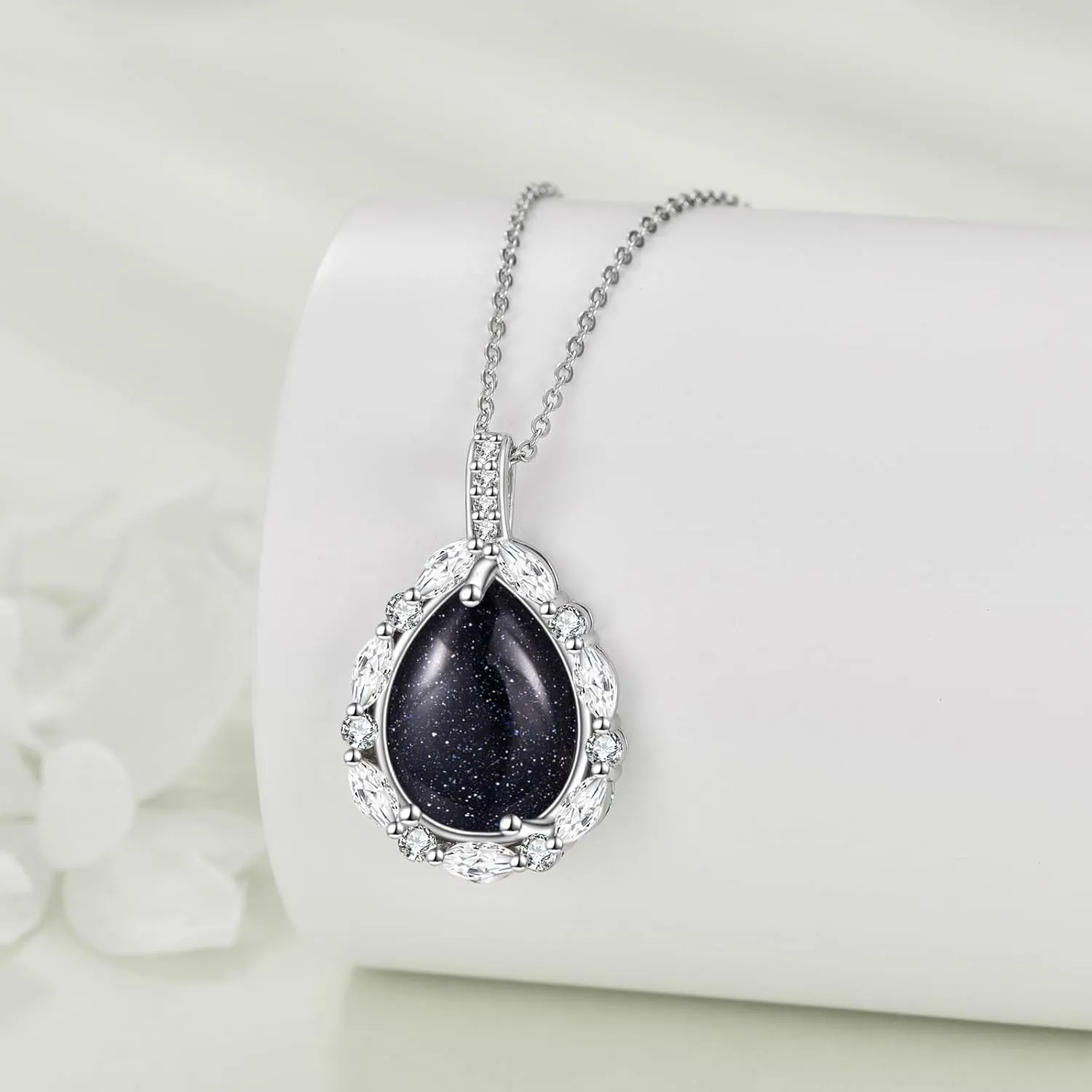 Natural Gemstone Necklace 925 Sterling Silver Cubic Zirconia Pendant Teardrop Lapis Lazuli/Moonstone/Moss Agate/Larimar/Black Onyx Jewelry Gift for Women Girls Mom Daughter