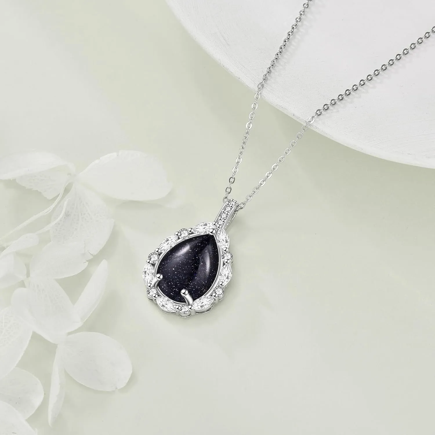 Natural Gemstone Necklace 925 Sterling Silver Cubic Zirconia Pendant Teardrop Lapis Lazuli/Moonstone/Moss Agate/Larimar/Black Onyx Jewelry Gift for Women Girls Mom Daughter
