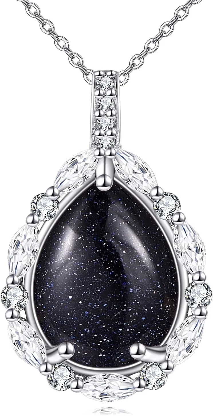 Natural Gemstone Necklace 925 Sterling Silver Cubic Zirconia Pendant Teardrop Lapis Lazuli/Moonstone/Moss Agate/Larimar/Black Onyx Jewelry Gift for Women Girls Mom Daughter