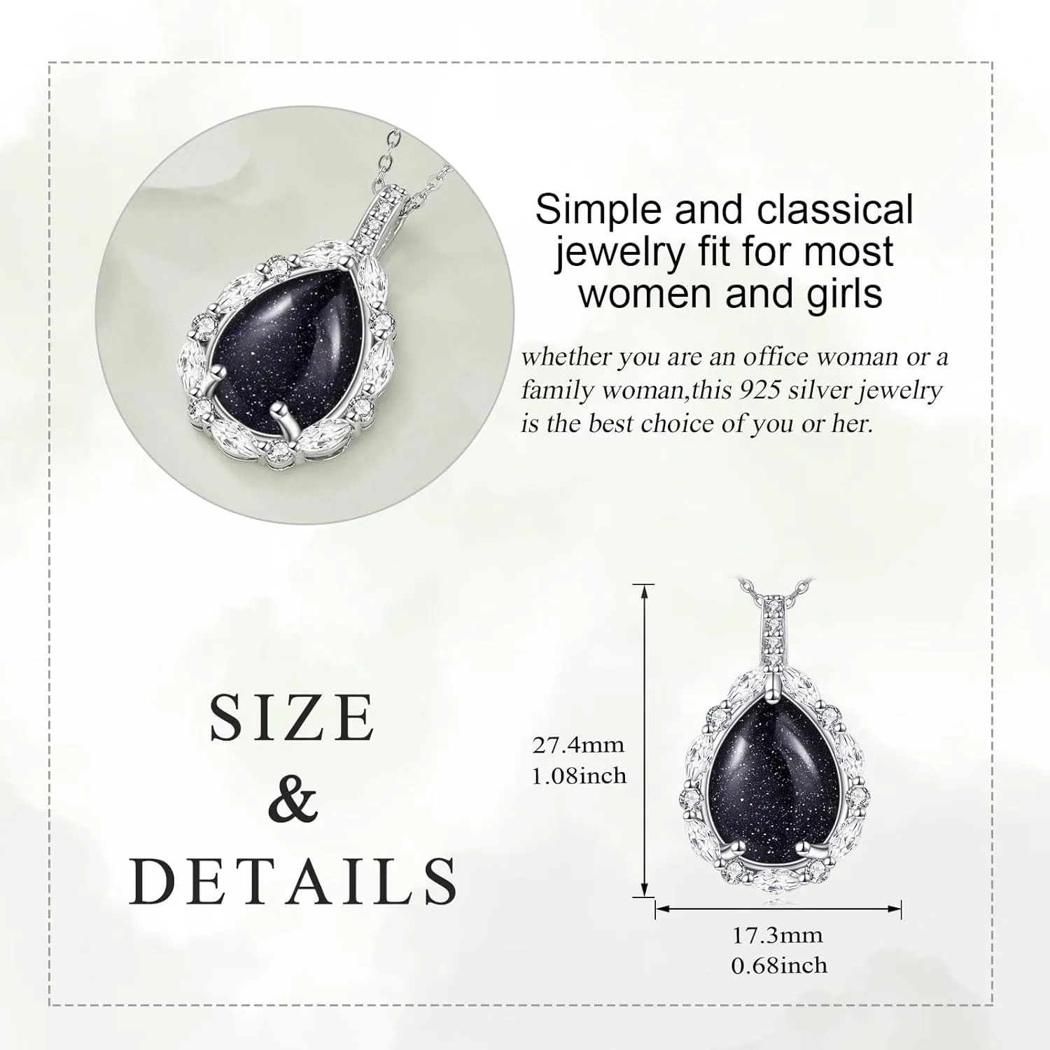 Natural Gemstone Necklace 925 Sterling Silver Cubic Zirconia Pendant Teardrop Lapis Lazuli/Moonstone/Moss Agate/Larimar/Black Onyx Jewelry Gift for Women Girls Mom Daughter