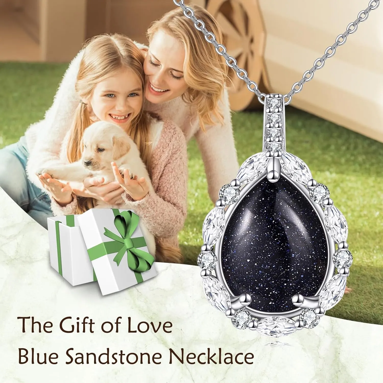 Natural Gemstone Necklace 925 Sterling Silver Cubic Zirconia Pendant Teardrop Lapis Lazuli/Moonstone/Moss Agate/Larimar/Black Onyx Jewelry Gift for Women Girls Mom Daughter