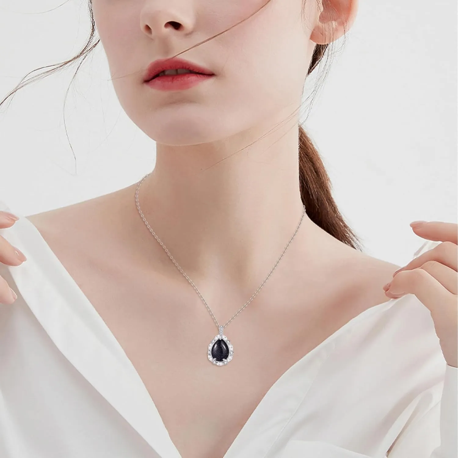 Natural Gemstone Necklace 925 Sterling Silver Cubic Zirconia Pendant Teardrop Lapis Lazuli/Moonstone/Moss Agate/Larimar/Black Onyx Jewelry Gift for Women Girls Mom Daughter