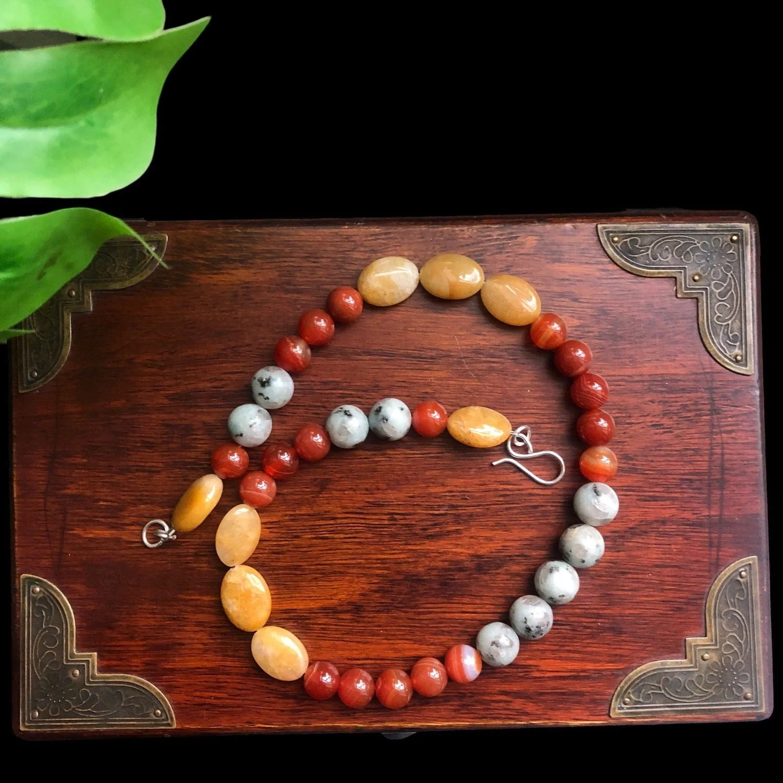 Natural Orange Calcite, Kiwi Jasper and Red Carnelian Beaded Necklace