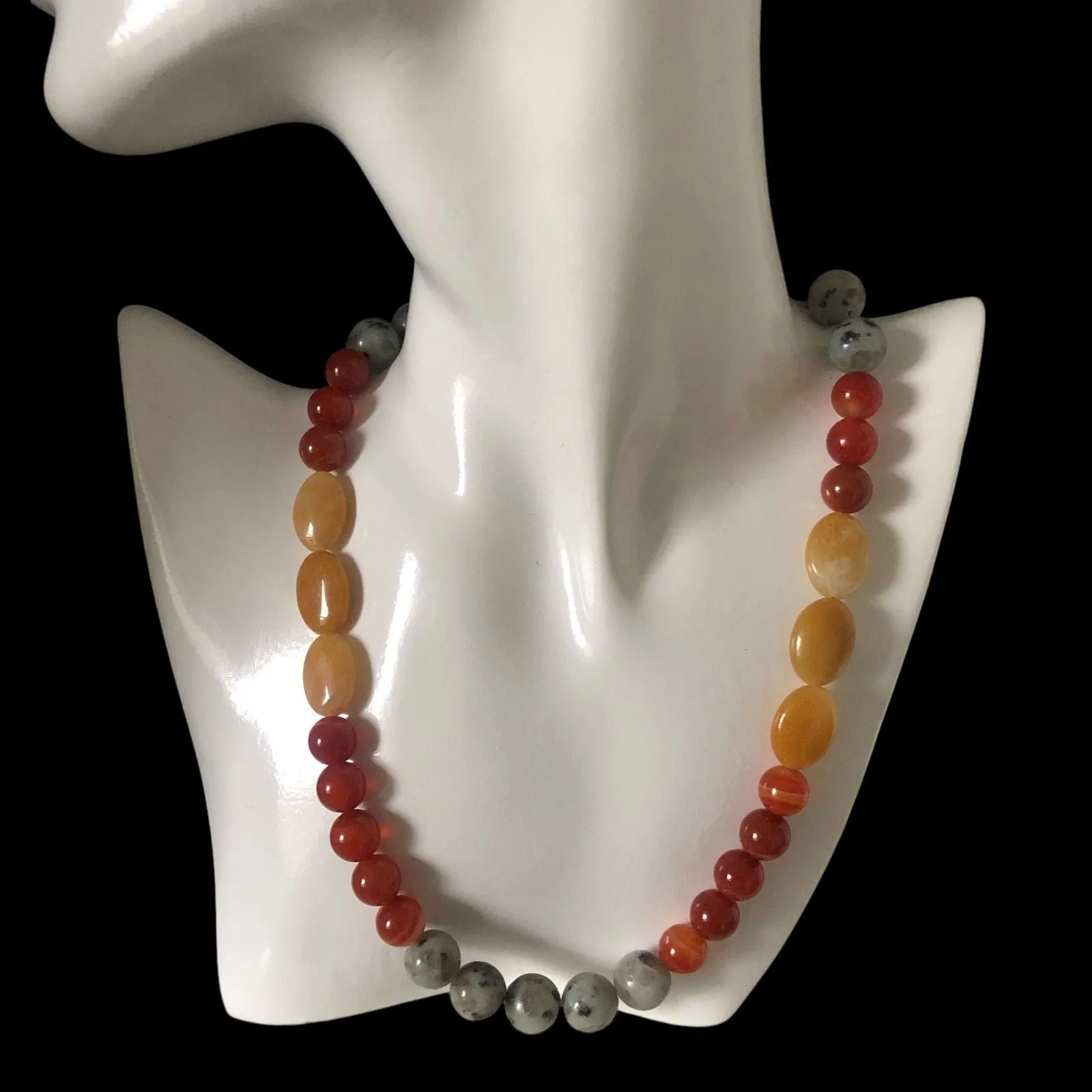 Natural Orange Calcite, Kiwi Jasper and Red Carnelian Beaded Necklace