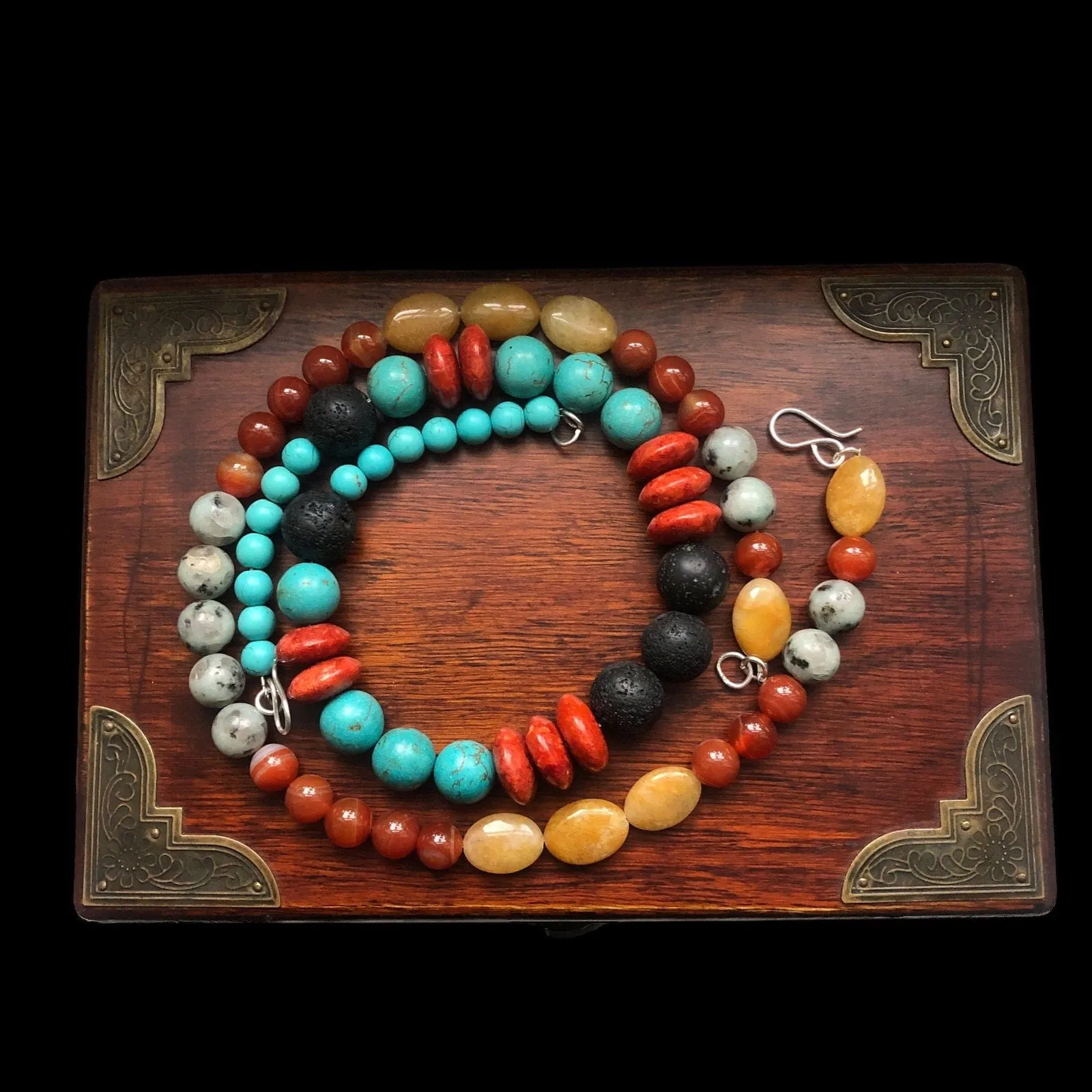 Natural Orange Calcite, Kiwi Jasper and Red Carnelian Beaded Necklace