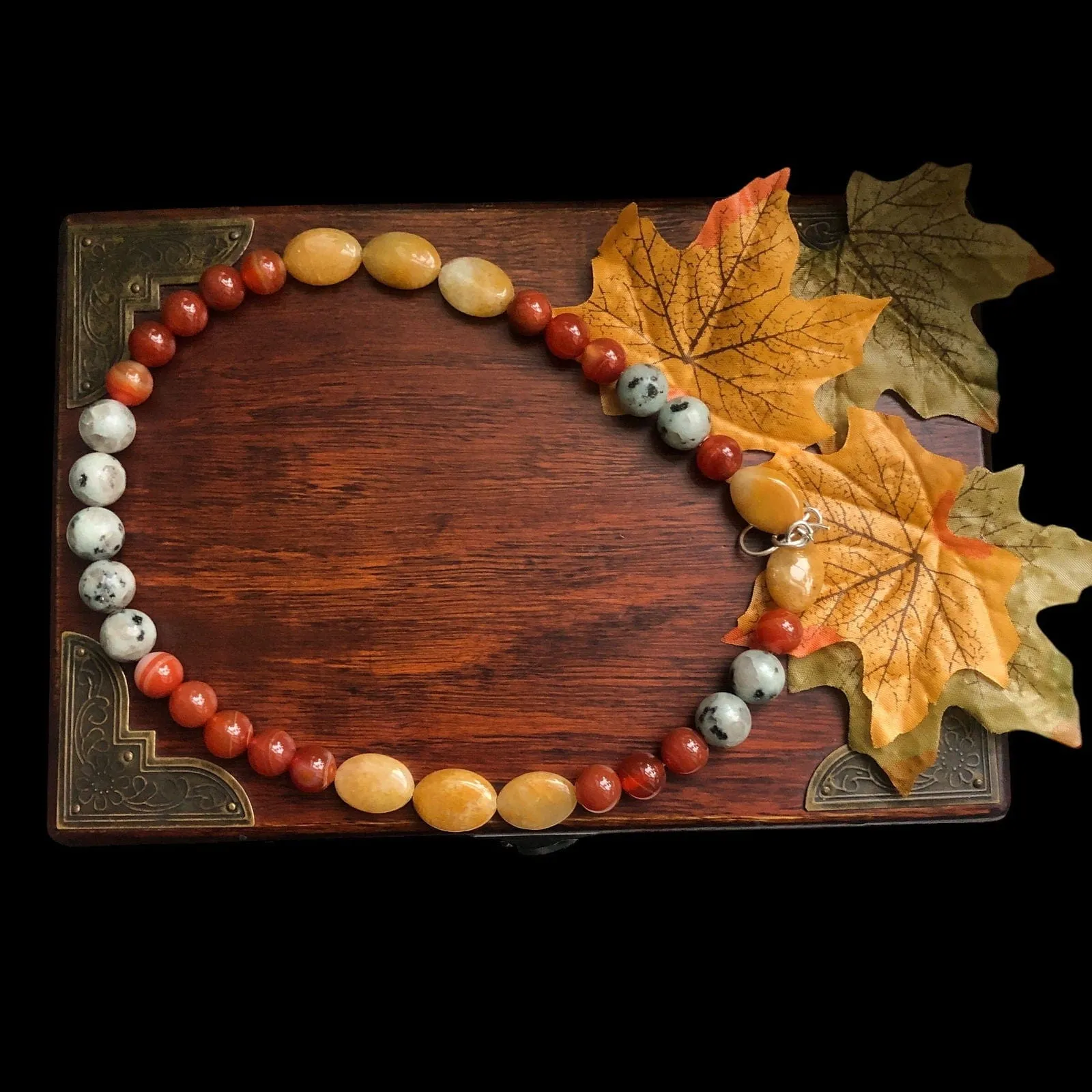 Natural Orange Calcite, Kiwi Jasper and Red Carnelian Beaded Necklace
