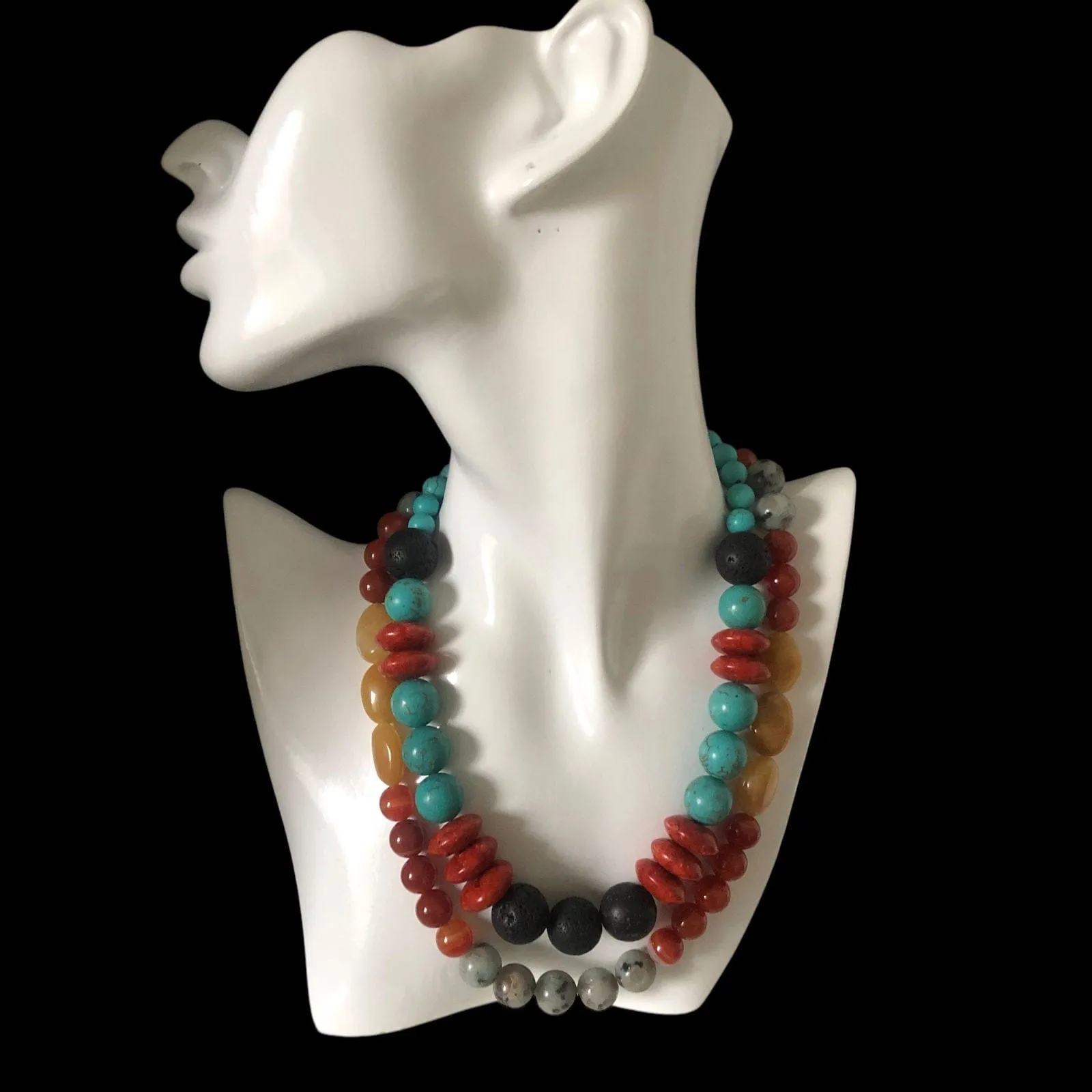 Natural Orange Calcite, Kiwi Jasper and Red Carnelian Beaded Necklace