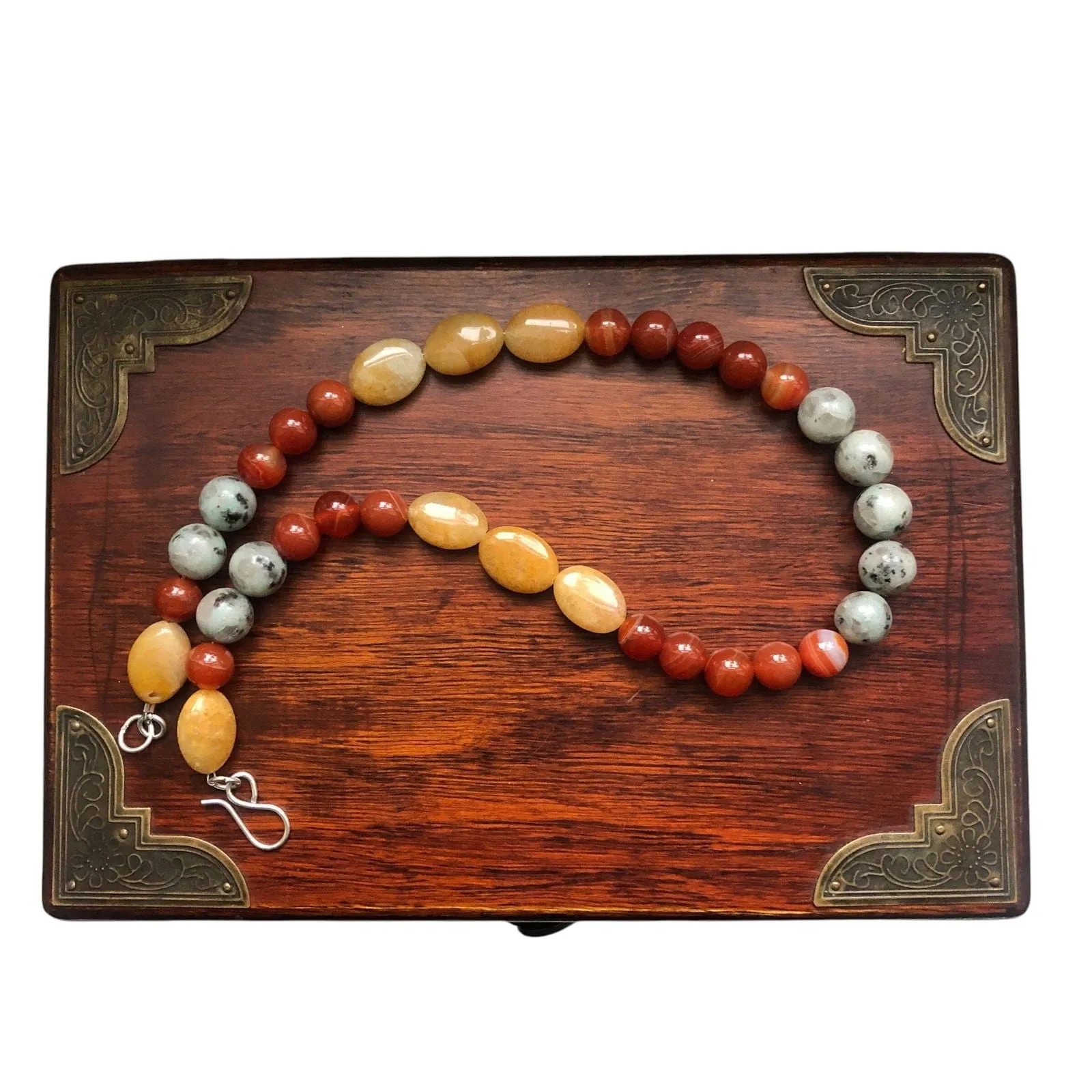 Natural Orange Calcite, Kiwi Jasper and Red Carnelian Beaded Necklace