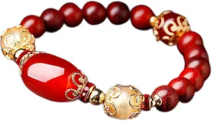 Natural Sandalwood Buddhist Prayer Bracelet Red Agate Bucket Bead Feng Shui Chinese Wood Bracelet Chakra Gem Carnelian Crystal Bracelet Amulet Luxurious Glaze Money Luck Prosperity