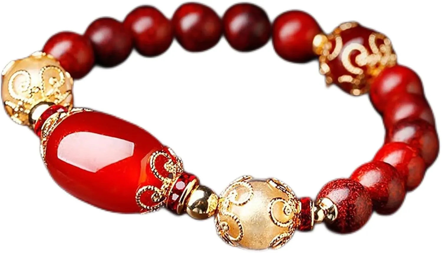 Natural Sandalwood Buddhist Prayer Bracelet Red Agate Bucket Bead Feng Shui Chinese Wood Bracelet Chakra Gem Carnelian Crystal Bracelet Amulet Luxurious Glaze Money Luck Prosperity