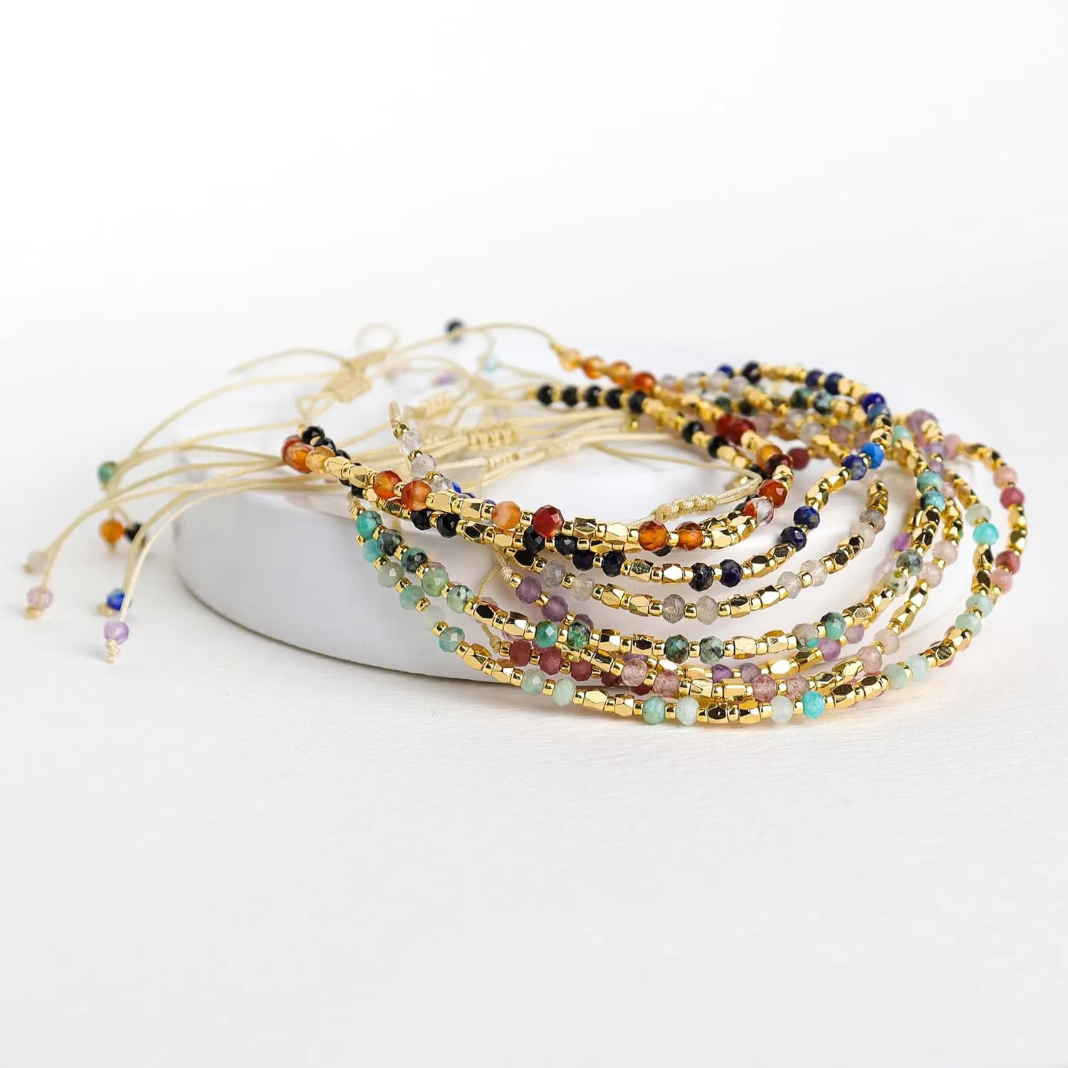 Natural Stone Gold Beaded Bracelets for Women, Handmade Healing Energy Crystal Gemstone Beads Adjustable Rope Braided Dainty Bracelet Christmas Friend Jewelry Gift