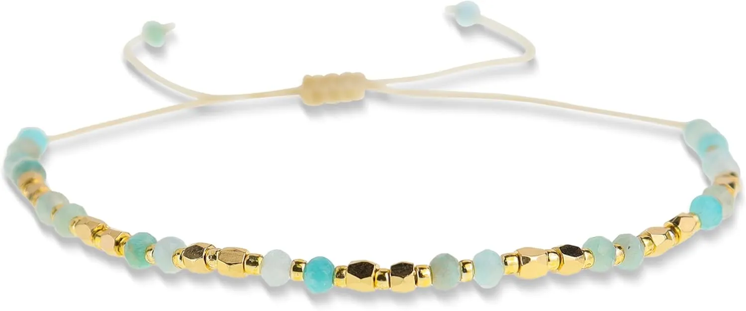 Natural Stone Gold Beaded Bracelets for Women, Handmade Healing Energy Crystal Gemstone Beads Adjustable Rope Braided Dainty Bracelet Christmas Friend Jewelry Gift