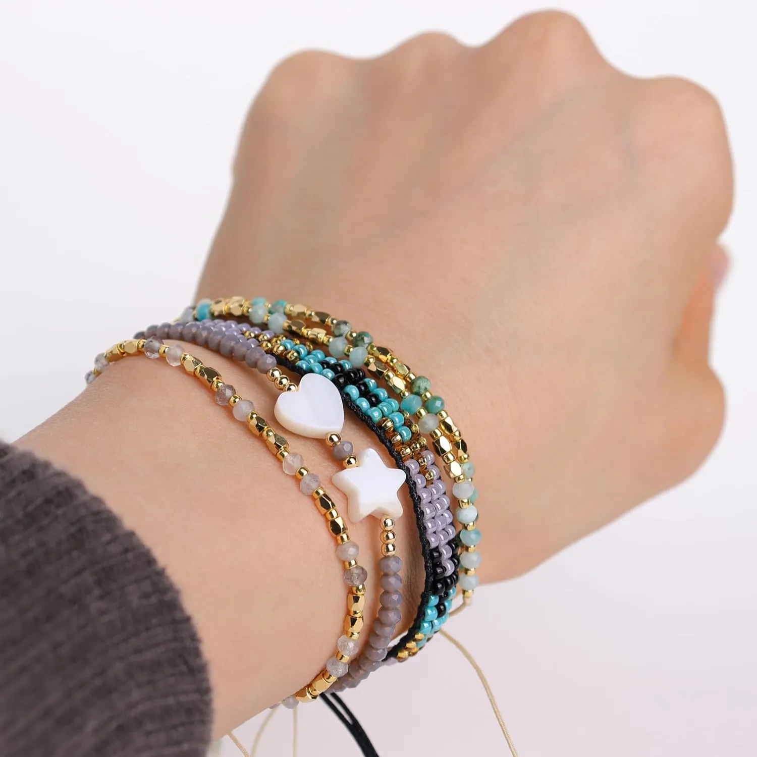 Natural Stone Gold Beaded Bracelets for Women, Handmade Healing Energy Crystal Gemstone Beads Adjustable Rope Braided Dainty Bracelet Christmas Friend Jewelry Gift