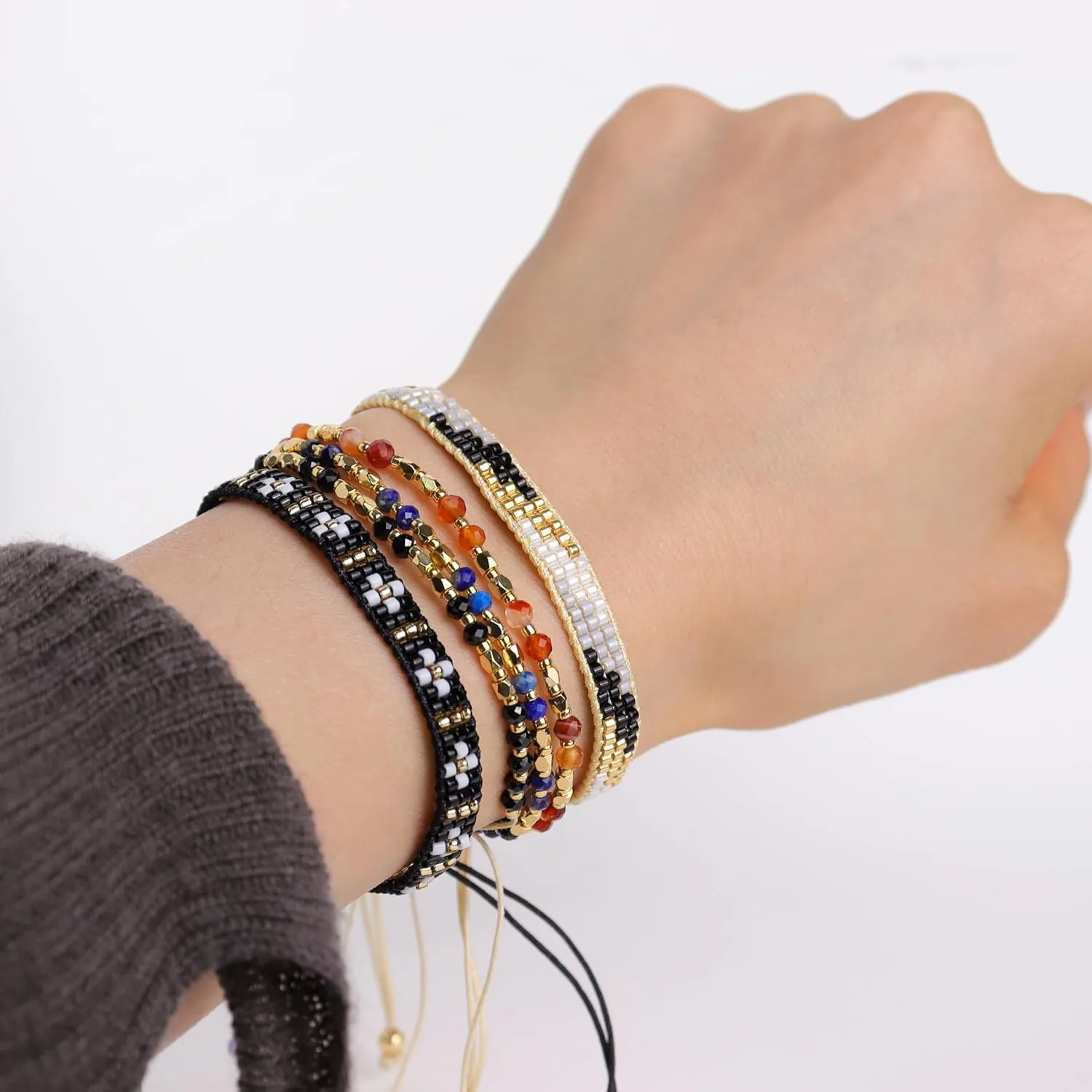 Natural Stone Gold Beaded Bracelets for Women, Handmade Healing Energy Crystal Gemstone Beads Adjustable Rope Braided Dainty Bracelet Christmas Friend Jewelry Gift