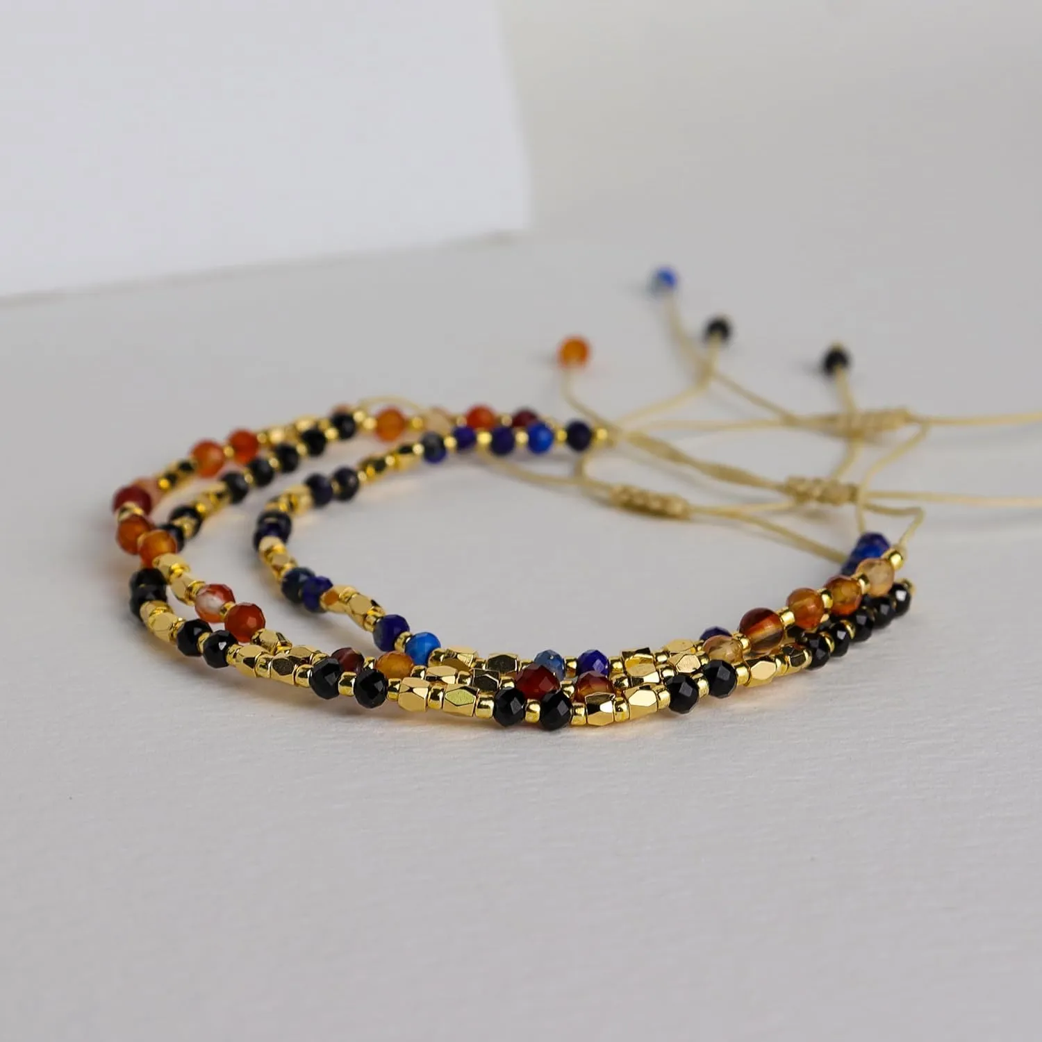 Natural Stone Gold Beaded Bracelets for Women, Handmade Healing Energy Crystal Gemstone Beads Adjustable Rope Braided Dainty Bracelet Christmas Friend Jewelry Gift