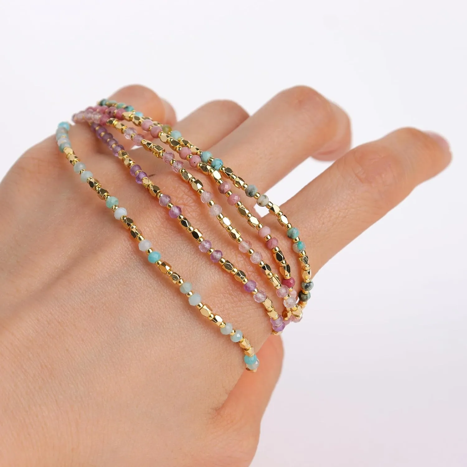 Natural Stone Gold Beaded Bracelets for Women, Handmade Healing Energy Crystal Gemstone Beads Adjustable Rope Braided Dainty Bracelet Christmas Friend Jewelry Gift