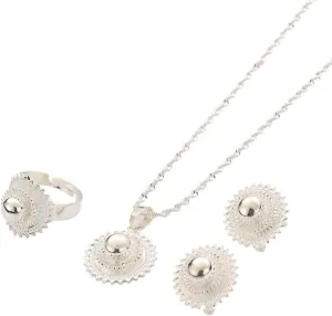 Necklace Pendants Earrings Ring Set Silver Filled Plated Jewelry African Ethiopia Flower Jewelry Set