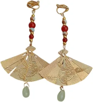 New 2026 Chinese Classical Imitation Jade Waterdrop Clip On Earrings Non Piering for Women Hollowed Fan Dangle Earring Party Jewelry Gift Fashion Trendy Accessories Creative for Women and Men