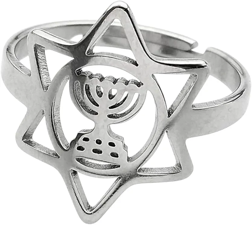 New 2026 Jewish Candlestick Hexagram Star Finger Ring Men Women Stainless Steel Judaica Israel Faith Lamp Hanukkah Rings Decoration Jewelry Luxury with You Accessories Trendy Best for Gift