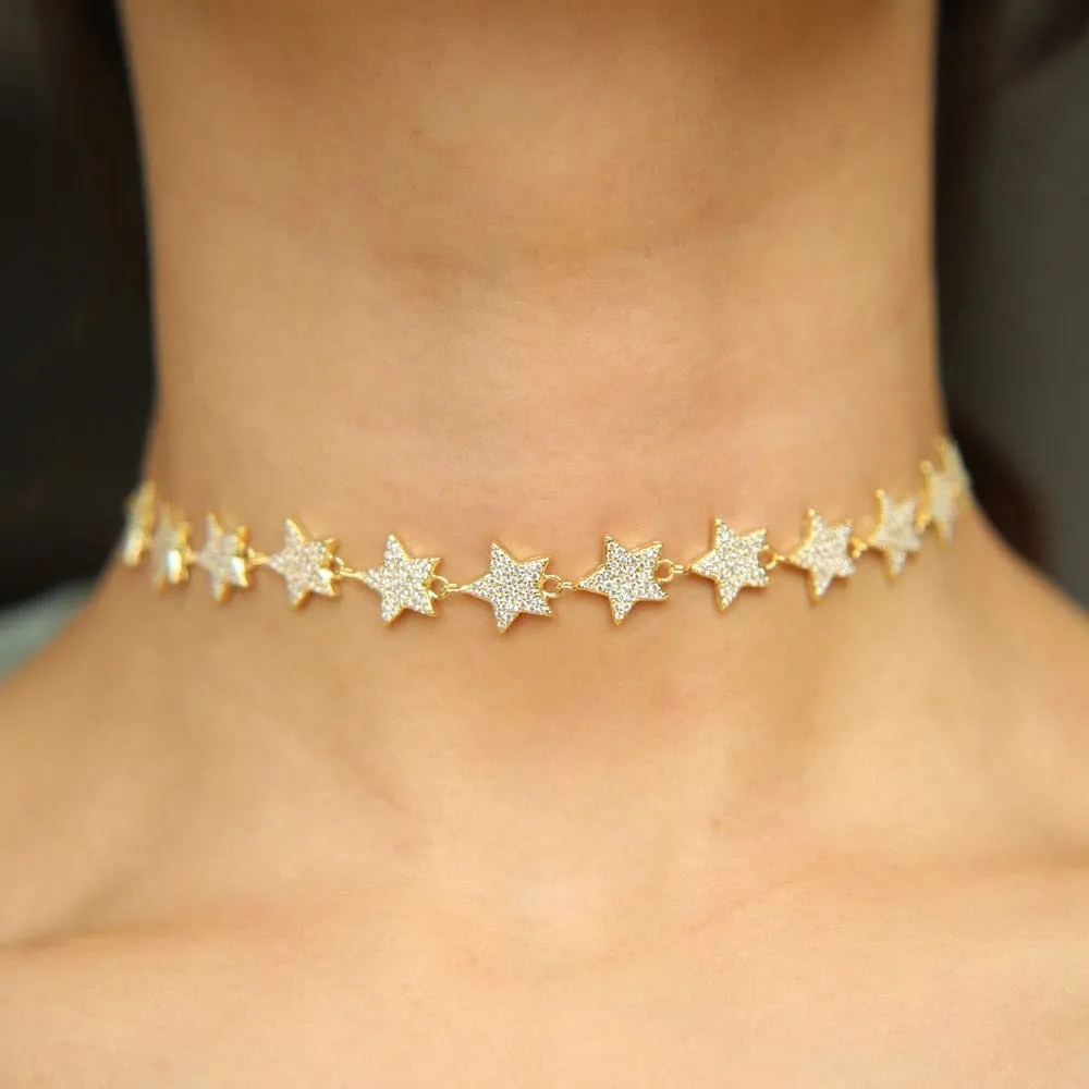 New Arrival Mini Star Link Chain Dainty Cubic Zirconia Choker Star Necklace