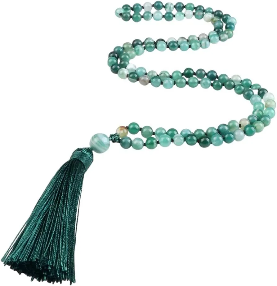 New for Trendy 2025 108 Beads Prayer Necklace Natural Green Stripe Onyx Stone Buddhist Buddha Meditation Bead Mala Necklace Women Men Jewelry Gifts Fashion Accessories Creative Gift