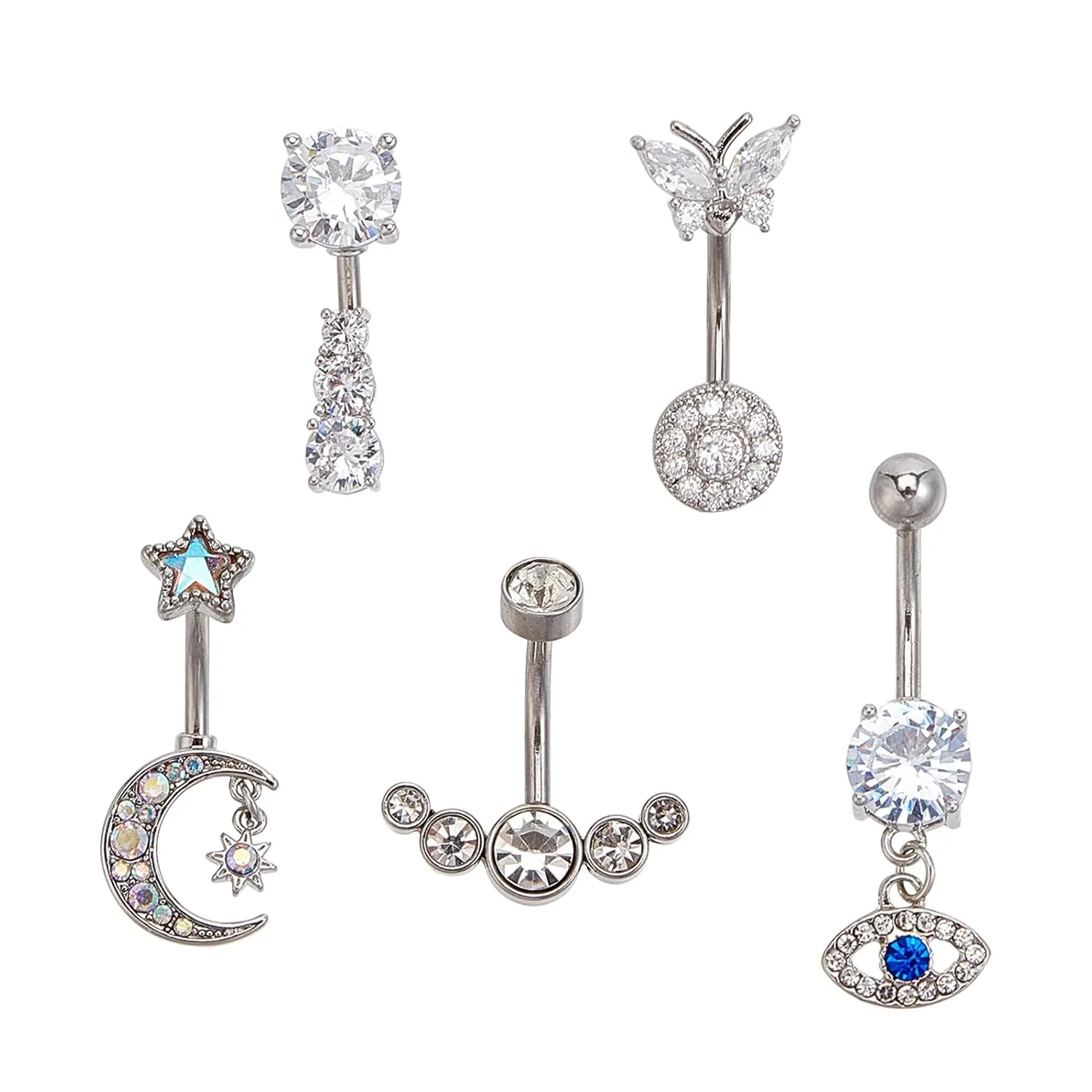 NICENEEDED 5 Pcs Belly Button Rings, Stainless Steel Dangle Belly Bars, Diamond Belly Piercing Navel Bar Devil's Eye Butterfly Barbell Navel Bars Piercing Jewellery for Women