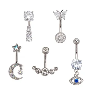 NICENEEDED 5 Pcs Belly Button Rings, Stainless Steel Dangle Belly Bars, Diamond Belly Piercing Navel Bar Devil's Eye Butterfly Barbell Navel Bars Piercing Jewellery for Women