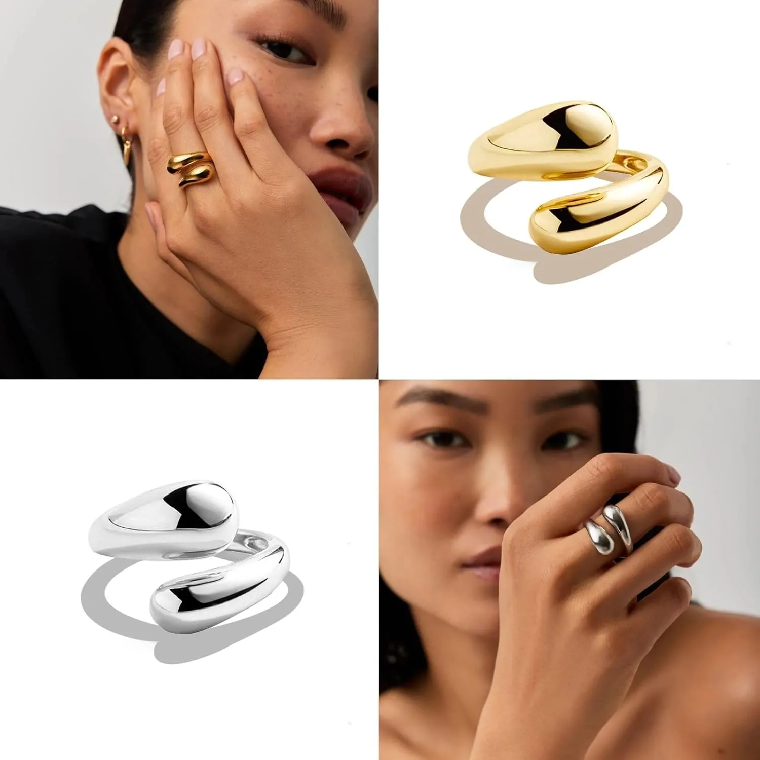 NOKMIT Chunky Gold Dome Rings for Women Bypass Teardrop Ring Simple Adjustable Wrap Open Statement Band Gold Silver Tone High Polished Smooth Comfort Fit (Gold, 5)