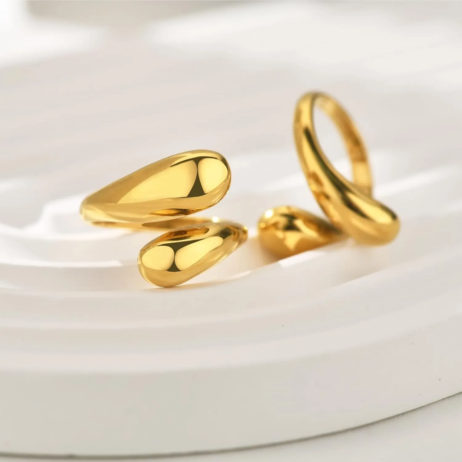 NOKMIT Chunky Gold Dome Rings for Women Bypass Teardrop Ring Simple Adjustable Wrap Open Statement Band Gold Silver Tone High Polished Smooth Comfort Fit (Gold, 5)