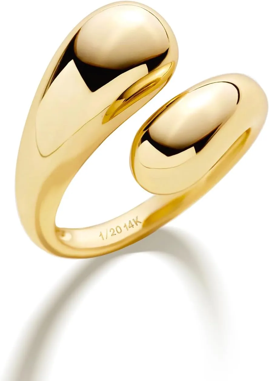 NOKMIT Chunky Gold Dome Rings for Women Bypass Teardrop Ring Simple Adjustable Wrap Open Statement Band Gold Silver Tone High Polished Smooth Comfort Fit (Gold, 5)