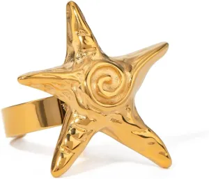 OIDIMS Vintage Starfish Statement Ring for Women Gold Plated Stainless Steel Fashion Adjustable Ocean Sea Style Open Wrap Finger Rings Comfort Fit Chic Holiday Summer Party Jewelry Dainty Gift