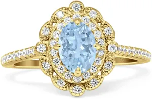 OMRANII Floral Art Deco Oval Shape Natural Aquamarine Vintage Style Halo Wedding Engagement Ring Cubic Zirconia 925 Sterling Silver