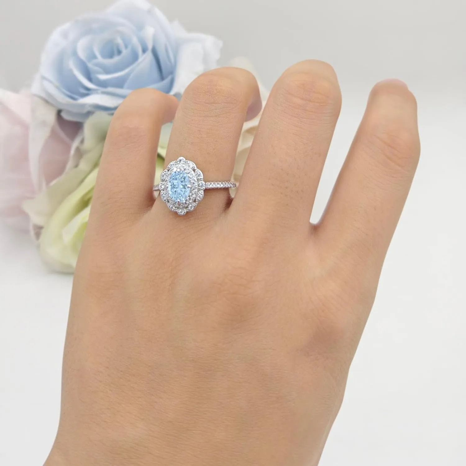 OMRANII Floral Art Deco Oval Shape Natural Aquamarine Vintage Style Halo Wedding Engagement Ring Cubic Zirconia 925 Sterling Silver